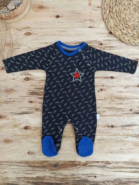 Star Baby Baskılı Çıt Çıt Kapama Erkek Bebek Tulum Siyah