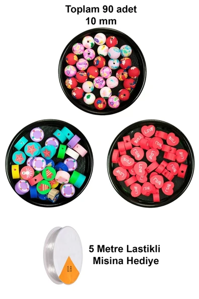 90 Adet 10 mm Polimer Kil Fimo Boncuk Takı Bileklik + 5 Metre Misina Hediye - Deniz - Kalp - Yuvarlak ürün görseli 1