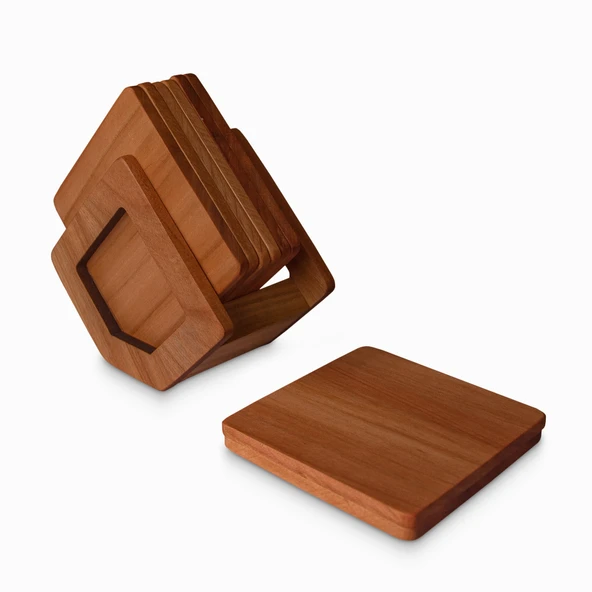 Woodsaka Üçgen Bardak Atlığı Seti - 8 Bardak Altlığı ve Standı - Kiraz - 2