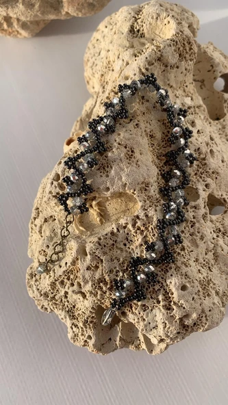 Antrasit Ve Gümüş Renkli Zikzak Desenli Miyoki Boncuk Bileklik El Yapımı Hediyelik - 6