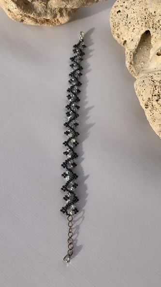 Antrasit Ve Gümüş Renkli Zikzak Desenli Miyoki Boncuk Bileklik El Yapımı Hediyelik - 5