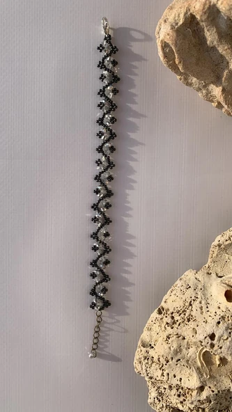 Antrasit Ve Gümüş Renkli Zikzak Desenli Miyoki Boncuk Bileklik El Yapımı Hediyelik - 3