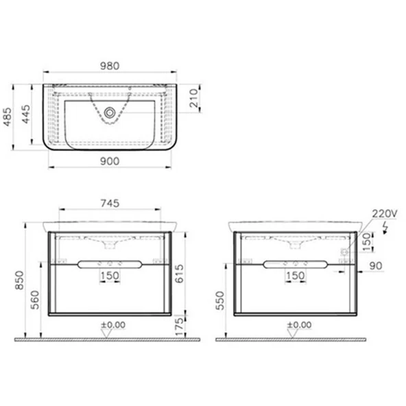 Vitra Sento Çift Çekmeceli Lavabo Dolabı, Ayaksız, 100 Cm, Mat Antrasit 60838 - Resim 2