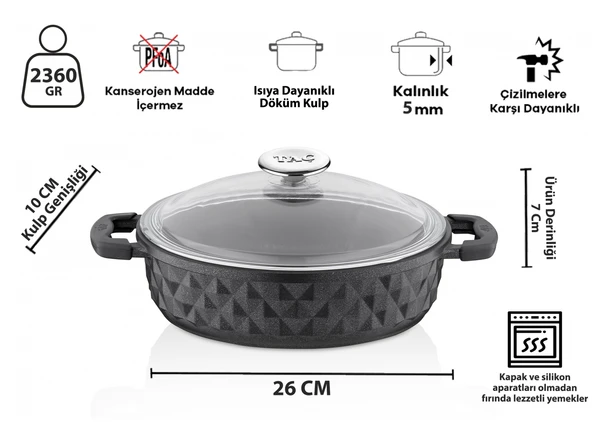 Taç Bella Cam Kapak Döküm Basık Tencere 26 Cm Siyah - 10