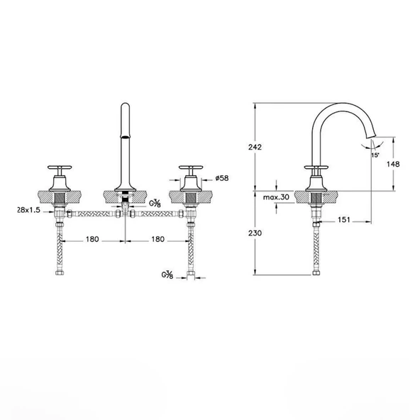 Vitra Origin Classic Ankastre Lavabo Bataryası (3 Delikli Lavabolar İçin) Soft Bakır A4289129 - 2
