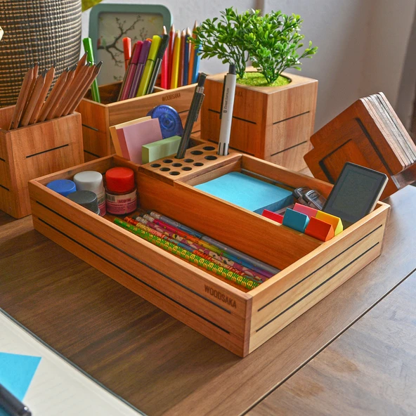 Woodsaka 3Line Masaüstü Organizer ve Aksesuar Kutusu - Kiraz Ağacından - 5