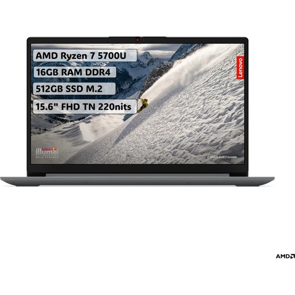 Ideapad 1 AMD Ryzen 7 5700U 16GB 512GB SSD Freedos 15.6" FHD Taşınabilir Bilgisayar 82R400R4TR