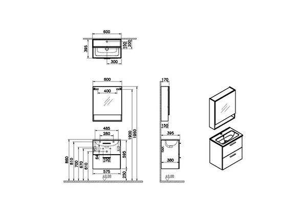 Vitra Mia Demonte Set, 60 Cm, Çekmeceli, (Lavabo Dolabı, Raflı-Dolaplı Ayna), Beyaz 66049 - 3