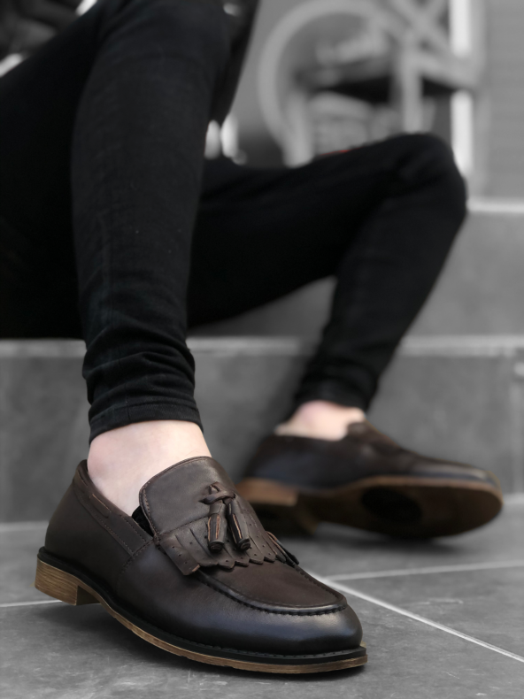 ER0165 İçi Dışı Hakiki Deri Kahverengi Püsküllü Loefer Klasik Erkek Ayakkabı