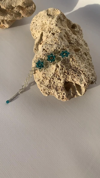 Turkuaz Ve Gri Saydam Renkli Yıldız Desenli Miyoki Boncuk Bileklik El Yapımı Hediyelik - 6