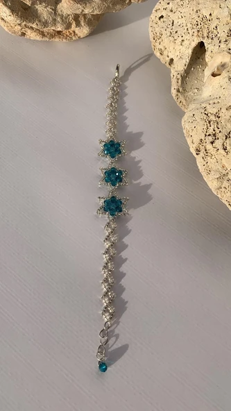 Turkuaz Ve Gri Saydam Renkli Yıldız Desenli Miyoki Boncuk Bileklik El Yapımı Hediyelik - 3