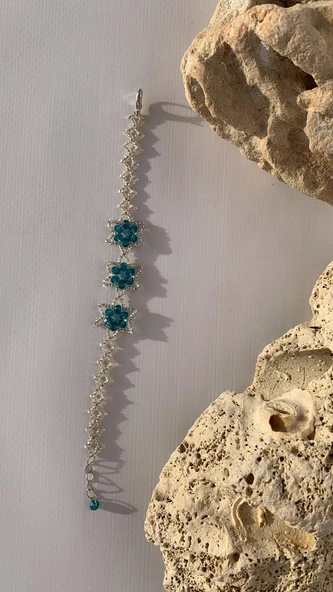 Turkuaz Ve Gri Saydam Renkli Yıldız Desenli Miyoki Boncuk Bileklik El Yapımı Hediyelik - 5