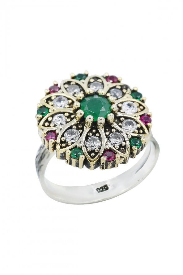 Verde  Renkli Taşlı  Gümüş Üçlü Set Otantik Takı Ayarlanabiilir Yüzüklü - Resim 5