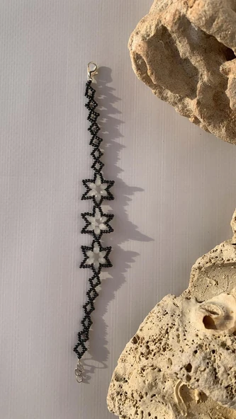 Ekru Ve Füme Renkli Yıldız Desenli Miyoki Boncuk Bileklik El Yapımı Hediyelik - 8