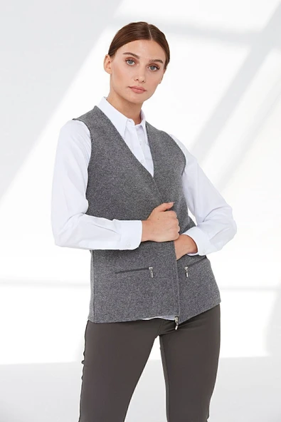 Desen Minimalist V Yaka Fermuarlı Kadın Yelek - Günlük & Ofis - 6