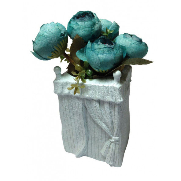 MAVİ GÜL YAPAY ÇİÇEK MİNİ VAZOLU 20CM - 2