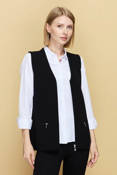 Desen Minimalist V Yaka Fermuarlı Kadın Yelek - Günlük & Ofis - 10