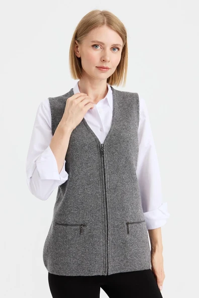 Desen Minimalist V Yaka Fermuarlı Kadın Yelek - Günlük & Ofis - 5