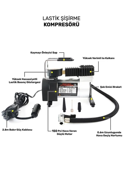 Araba Oto Araç Lastik Şişirme Pompası Metal Motorlu Kompresör 150 Psi Çakmaklık Girişli Kompresör - 4