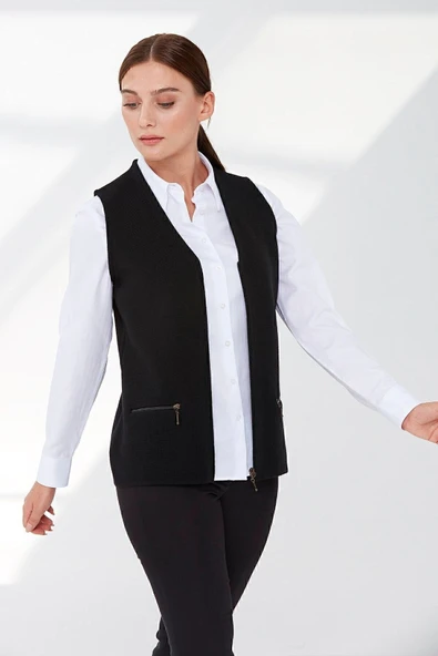 Desen Minimalist V Yaka Fermuarlı Kadın Yelek - Günlük & Ofis - 9