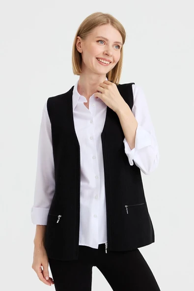 Desen Minimalist V Yaka Fermuarlı Kadın Yelek - Günlük & Ofis - 8