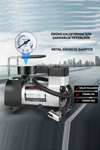 Araba Oto Araç Lastik Şişirme Pompası Metal Motorlu Kompresör 150 Psi Çakmaklık Girişli Kompresör - 5