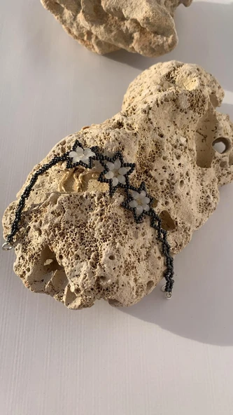 Ekru Ve Füme Renkli Yıldız Desenli Miyoki Boncuk Bileklik El Yapımı Hediyelik - 2