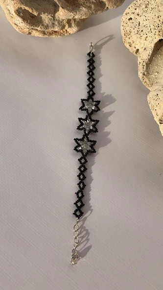 Gümüş Ve Siyah Renkli Yıldız Desenli Miyoki Boncuk Bileklik El Yapımı Hediyelik