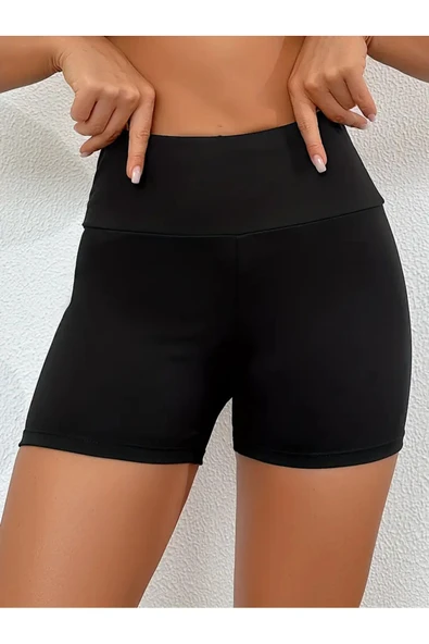 Yüksek Bel Düz Siyah Mayo Şortu, Esnek Çok Yönlü Tam Kapaklı Alt, Kadın Mayo ve Giyim - 6