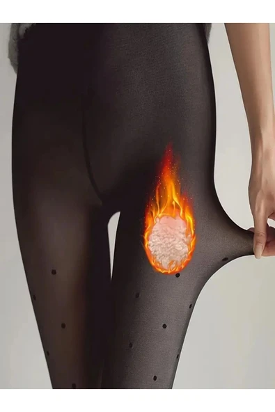 Puantiyeli Termal Kışlık Tayt Içi Peluşlu, Ince Tül Görünüm Termal Peluş Tayt Polar Külotlu Çorap - 4