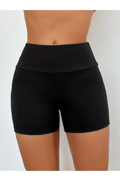 Yüksek Bel Düz Siyah Mayo Şortu, Esnek Çok Yönlü Tam Kapaklı Alt, Kadın Mayo ve Giyim - 5