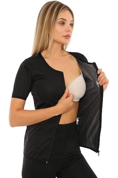 Zayıflatan Unisex Termal Maksimum Terleten Spor Korse Tayt Ve Fermuarlı Kısa Kollu Takım