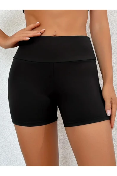 Yüksek Bel Düz Siyah Mayo Şortu, Esnek Çok Yönlü Tam Kapaklı Alt, Kadın Mayo ve Giyim - 4