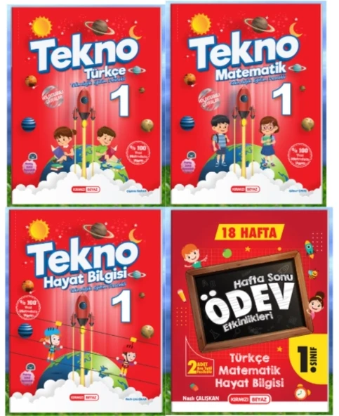 KIRMIZI BEYAZ YAYINLARI 1.SINIF 2.DÖNEM TEKNO TÜRKÇE - MATEMATİK - HAYAT BİLGİSİ - HAFTA SONU ÖDEV ETKİNLİKLERİ 4'LÜ SET