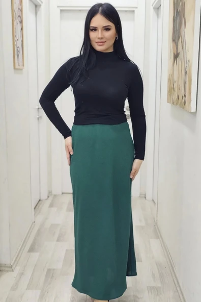 Beli Lastikli Verev Kesim Büyük Beden Etek 6006-Yeşil