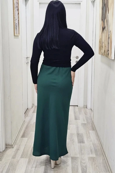 Beli Lastikli Verev Kesim Büyük Beden Etek 6006-Yeşil - 3