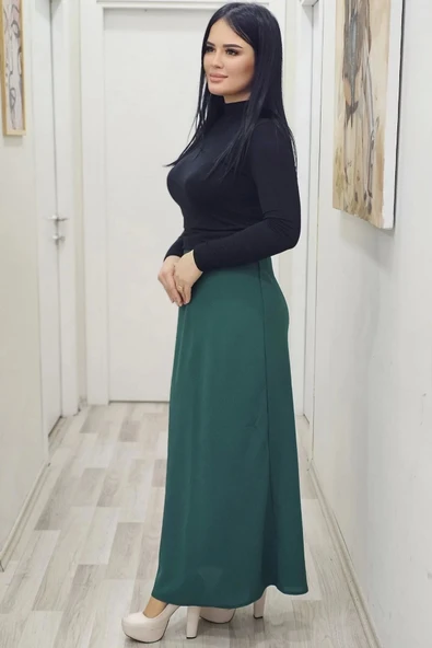 Beli Lastikli Verev Kesim Büyük Beden Etek 6006-Yeşil - 2