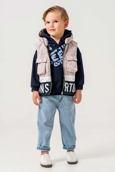 Su Geçirmez Astarlı Kapüşonlu 3 Parça Erkek Çocuk Yelekli Takım - 7