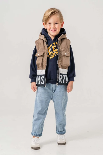 Su Geçirmez Astarlı Kapüşonlu 3 Parça Erkek Çocuk Yelekli Takım - 7