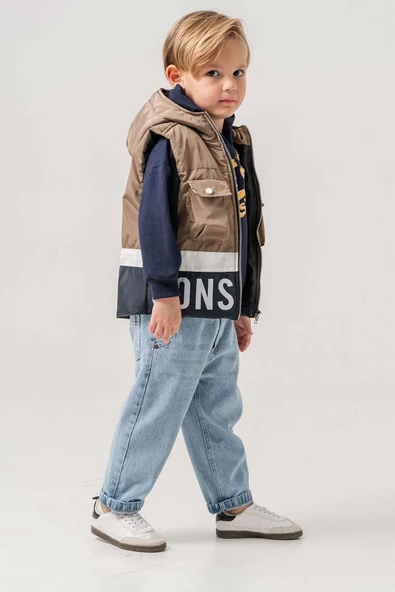 Su Geçirmez Astarlı Kapüşonlu 3 Parça Erkek Çocuk Yelekli Takım - 2