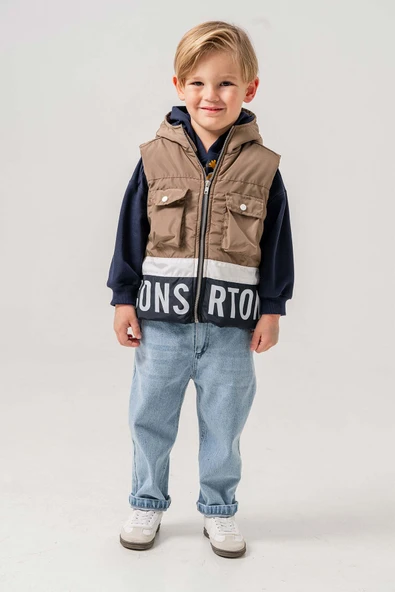 Su Geçirmez Astarlı Kapüşonlu 3 Parça Erkek Çocuk Yelekli Takım - 6