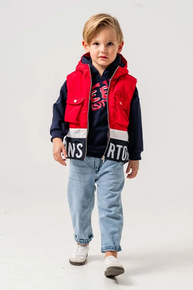 Su Geçirmez Astarlı Kapüşonlu 3 Parça Erkek Çocuk Yelekli Takım - 11