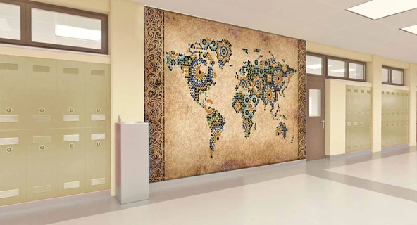 Mozaik Desenli Dünya Haritası Okul Duvar Kağıdı - 2