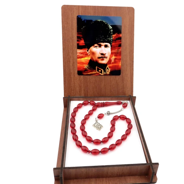 Ahşap Kutulu Atatürk ve Bayrak Temalı Ateş Kehribar Tesbih
