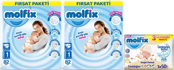 Molfix Bebek Bezi Beden:1 (2-5KG) Yeni Doğan 164 Adet Ekonomik Fırsat Pk + 3 Adet Islak Mendil