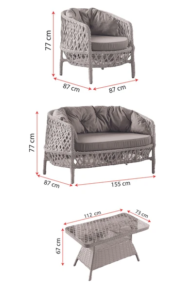 Evdemo Konfor Rattan Bahçe Balkon Oturma Takımı 2+1+1+Camlı Masa Kemik - Resim 7