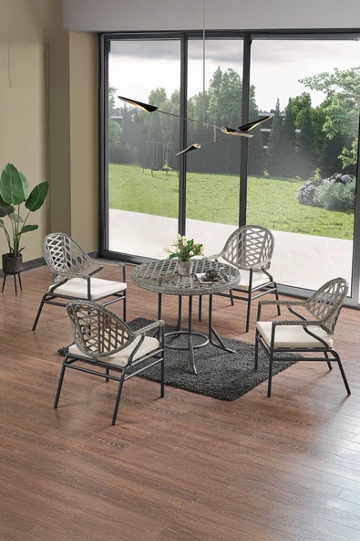 Evdemo Bistro 4 Kişilik  Rattan Örgü Bahçe Balkon Oturma Seti Cam Sehpalı