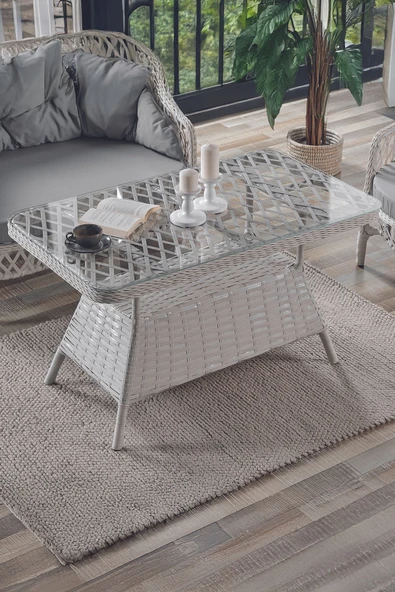Evdemo Konfor Rattan Bahçe Balkon Oturma Takımı 2+1+1+Camlı Masa Kemik - Resim 4