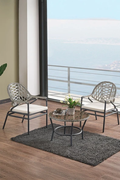 Evdemo Bistro 2 Kişilik  Rattan Örgü Bahçe Balkon Oturma Seti Cam Sehpalı