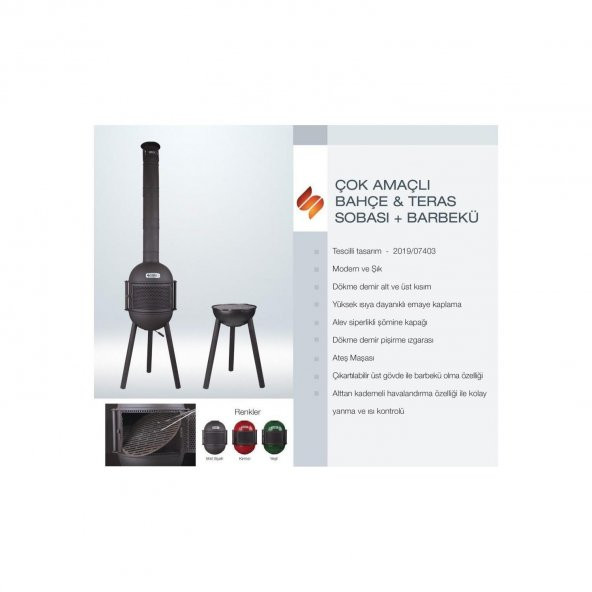 Sürel Çok Amaçlı Döküm Bahçe Şöminesi Teras Sobası Barbekü - Kırmızı - 3